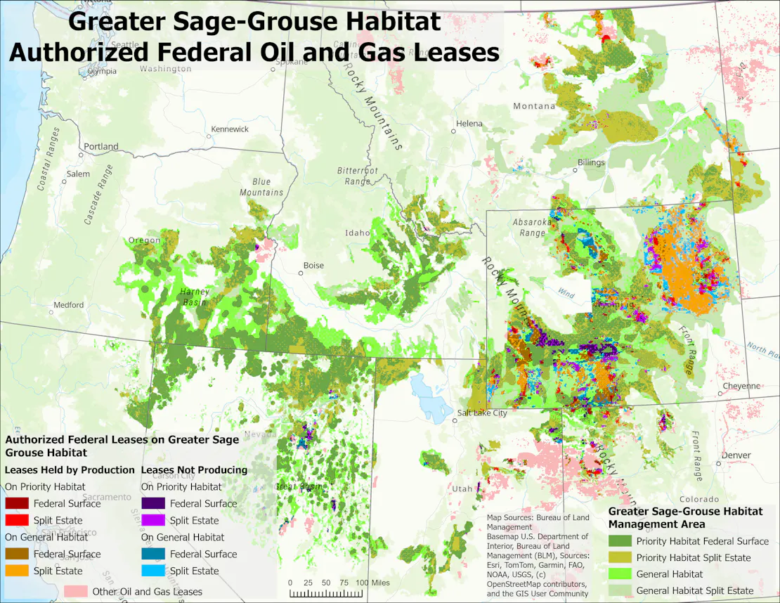 Map illustrating what's at stake for sage-grouse habitat, including priority sage-grouse habitat identified by BLM, and where proposed oil and gas leases would encroach on that same priority habitat.