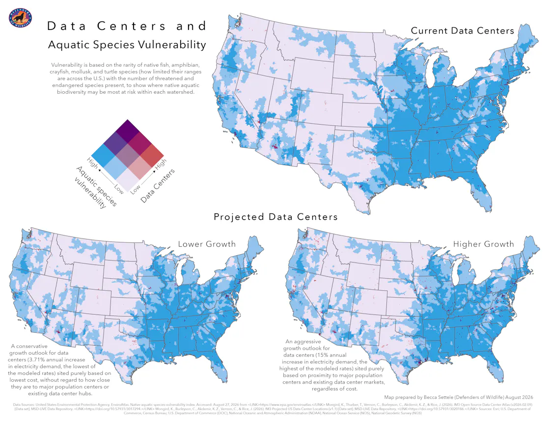 A map of the U.S. showing aquatic species variably and projected data centers.