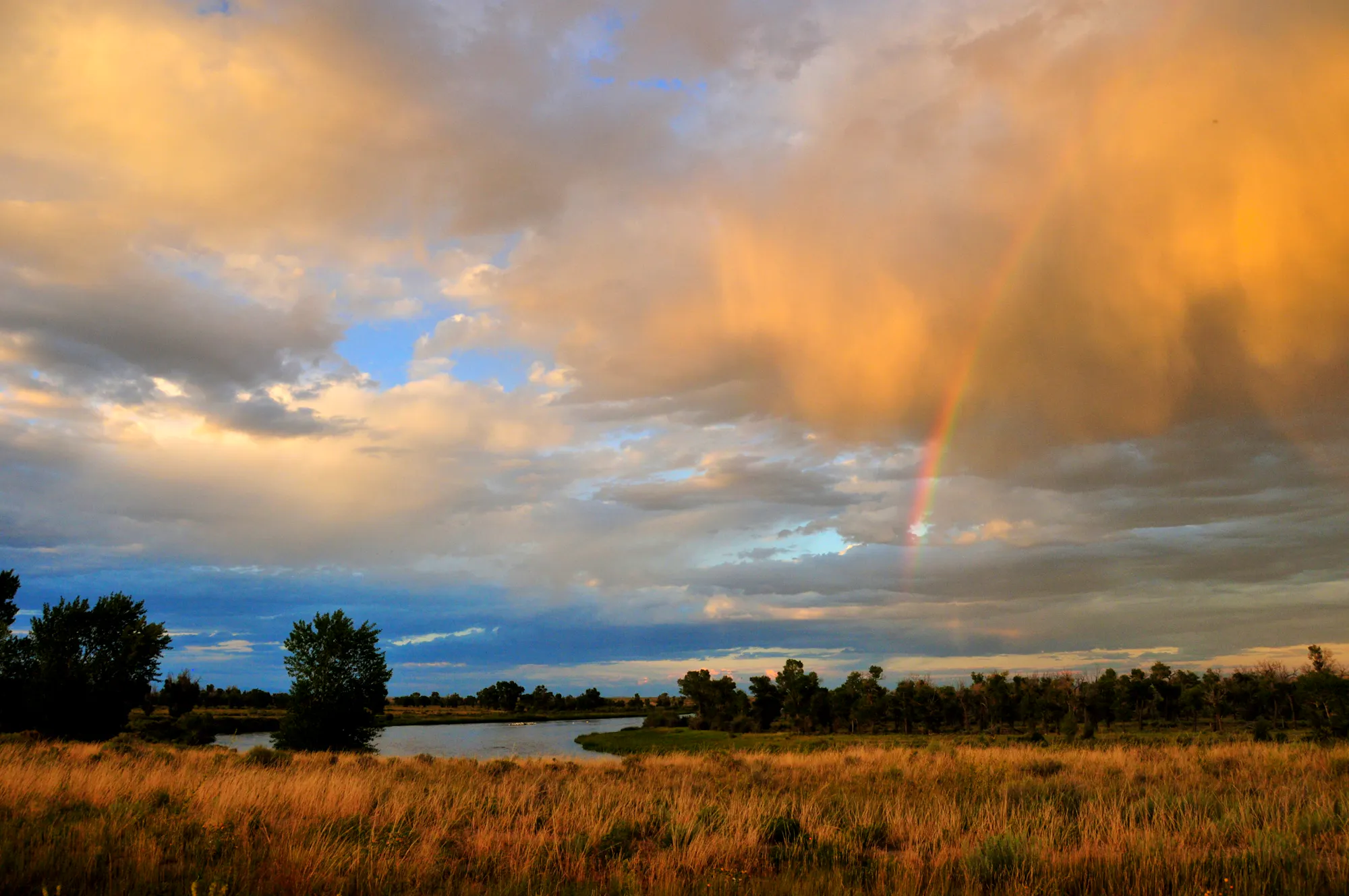 River flowing in the center flanked by sagebrush grass; rainbow in the right quadrant seeping into the image creating a yellow glow